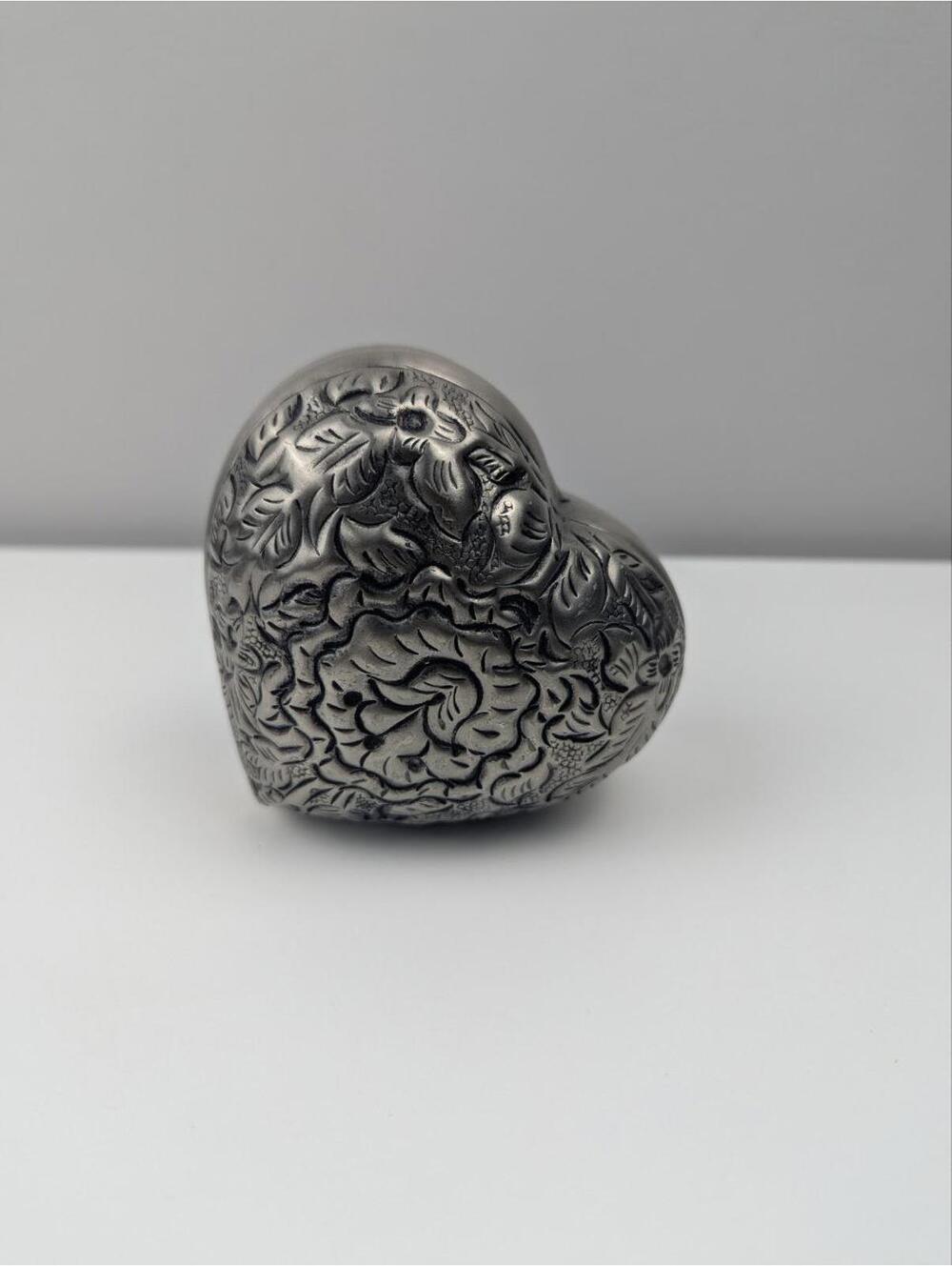 April Cornell Silver Heart Shaped Decorative Box with Floral Embossing